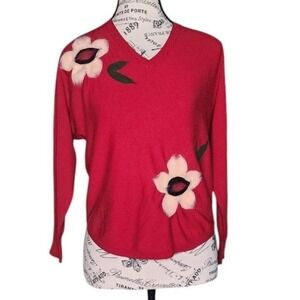 Aaeda Red V-Neck Sweater Felted Floral Appliqué Knit Size S